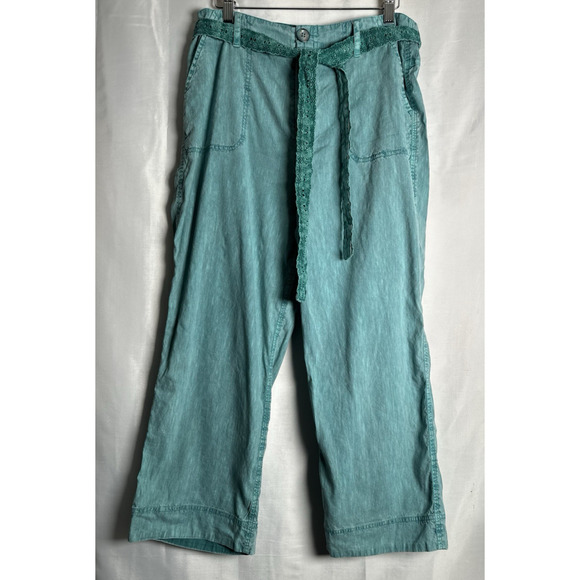 Soft Surroundings Linen Pants Womens Sz 8 Wide Leg Embroidered Belt‎ Cropped - Picture 3 of 10